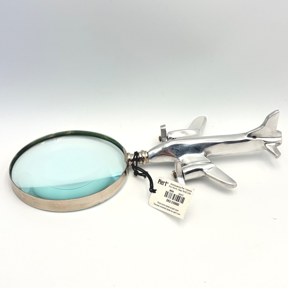 Pier 1 Silver Airplane Magnifying Glass Aviation Pilot Propeller Turns OAK Plane
